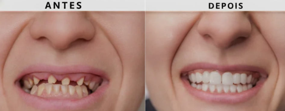 Comparação antes e depois de tratamento com implantes dentários: à esquerda dentes ausentes e comprometidos; à direita arcada reabilitada com sorriso completo